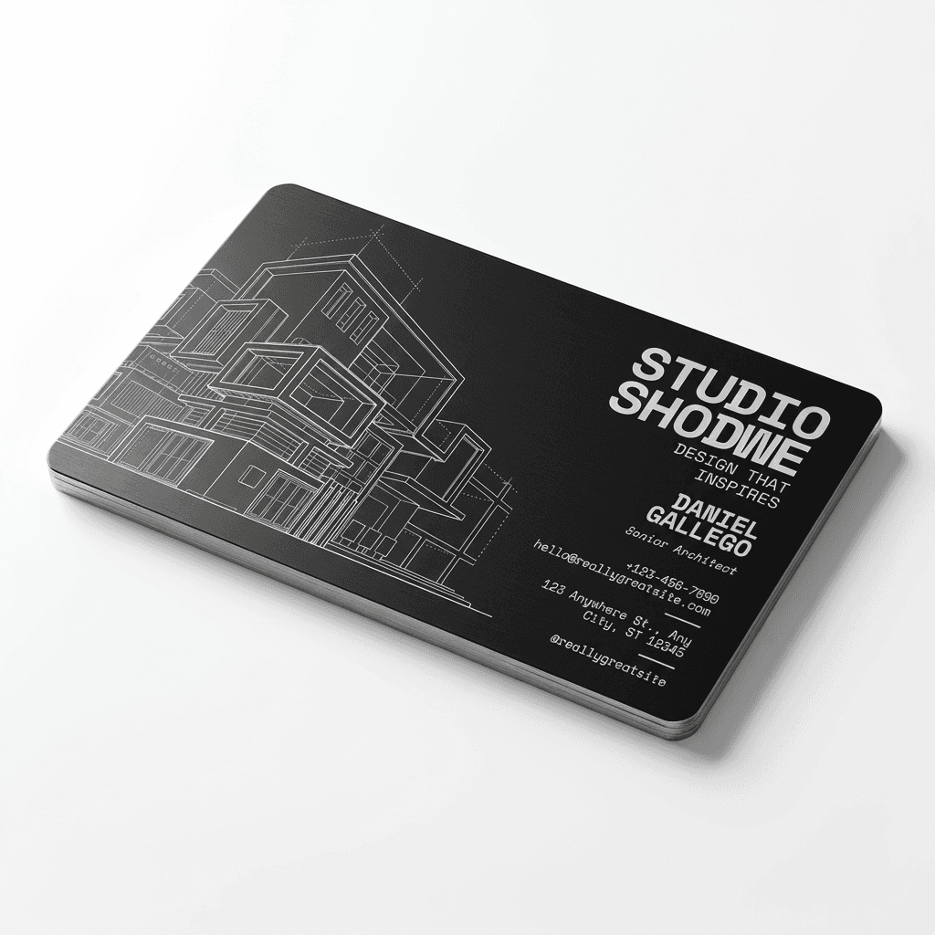 Angled view of matte black laser-engraved metal business card