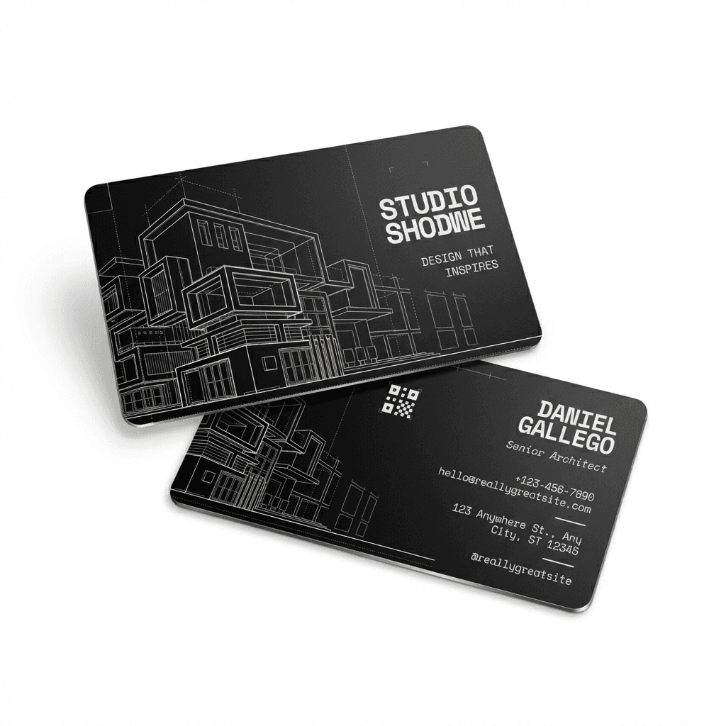 Front and back of matte black laser-engraved metal business card